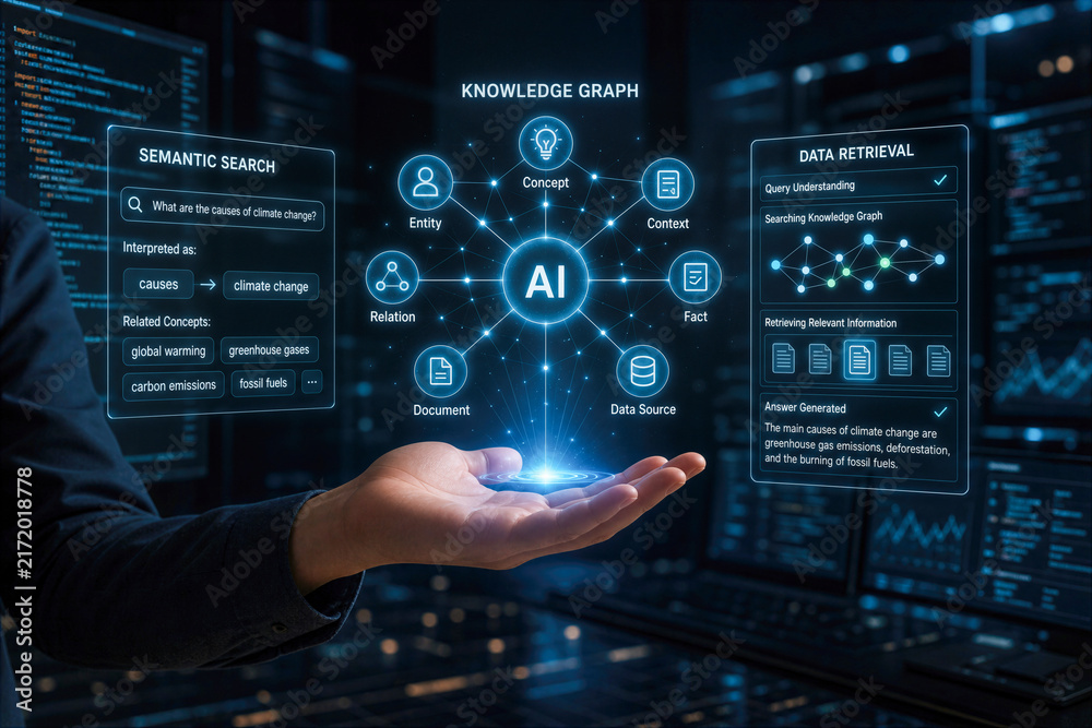 Fototapeta premium Hand presenting AI knowledge graph with semantic search and data retrieval concepts in futuristic tech environment coding screens visualization for knowledge graph and semantic search systems