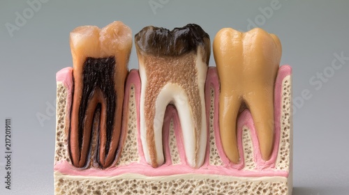 Cross-section of decayed and healthy teeth showing dental caries and roots. Dental health education concept.