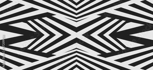 Monochrome abstract geometric pattern featuring bold black stripes arranged in a symmetrical digital design for backgrounds