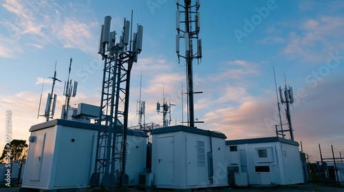 Telecom base station with multiple antenna towers and white equipment shelters under a partly cloudy sky at dusk