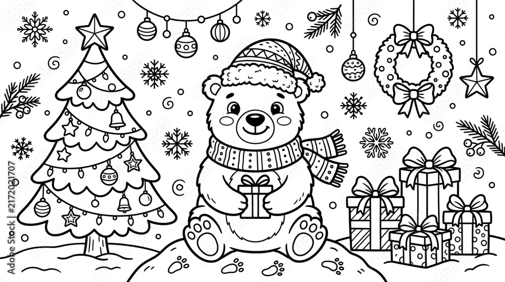 Fototapeta premium Cute Christmas Bear Coloring Page for Kids