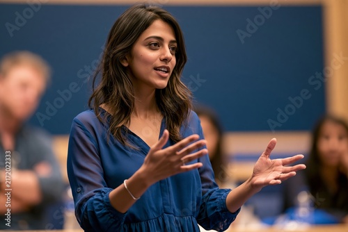 Young indian woman speaking passionately with expressive hand gestures during a seminar discussion