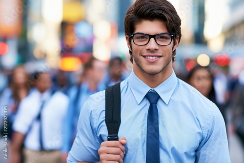 Young man in a blue shirt and tie wearing glasses standing in a busy city street among a crowd