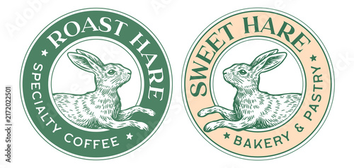 Hare, rabbit sketch. Vintage coffee bakery roast sign collection, circular engraved coffee bakery badges, sweet pastry emblem, specialty coffee bakery roast shop sticker. Vector Illustration