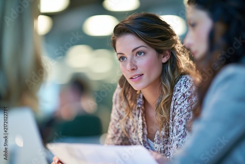 Young woman listening attentively during a collaborative office meeting with her colleagues