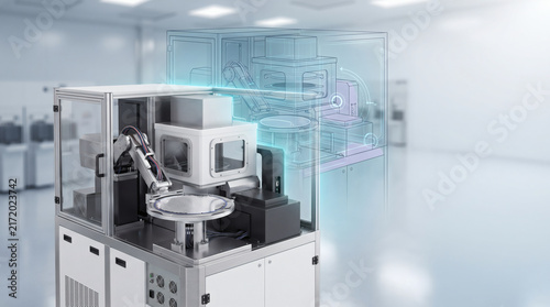 Semiconductor manufacturing machine with digital twin hologram in a cleanroom factory.