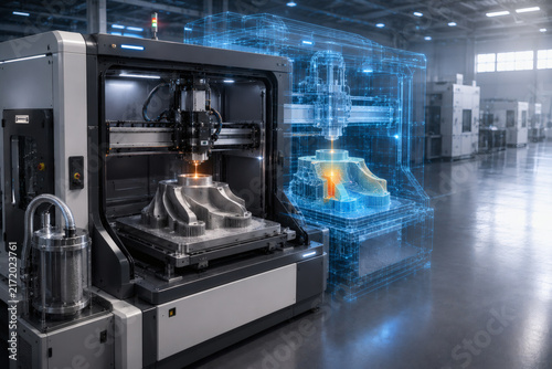 Metal 3D Printing Machine with Digital Twin Hologram in Industrial Factory Setting