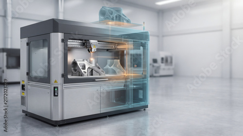 Industrial metal 3D printer with digital twin visualization in a modern factory facility.