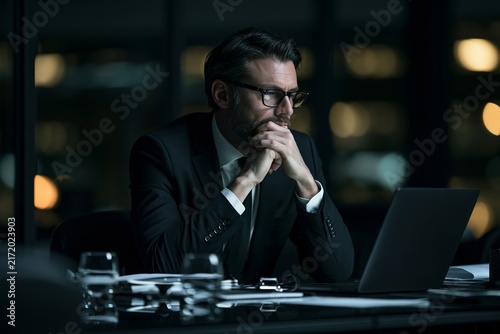 Focused businessman working late at night on a laptop in a dark modern office environment
