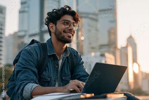 Happy young freelancer typing on a laptop outdoors with urban city skyscrapers behind him