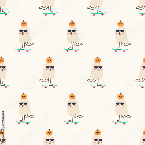 cute ghost on skateboard with pumpkin character seamless pattern in sunglasses flat vector illustration happy spooky halloween mascot streetwear background