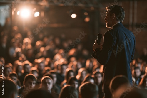Male speaker standing on a stage giving a presentation to a large audience in a dark auditorium