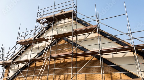 Scaffolding setup on a house facade during roof renovation and construction work