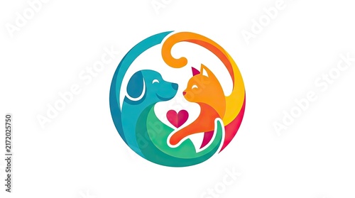 Colorful pet silhouettes forming heart-shaped globe symbolizing love and unity in vibrant design