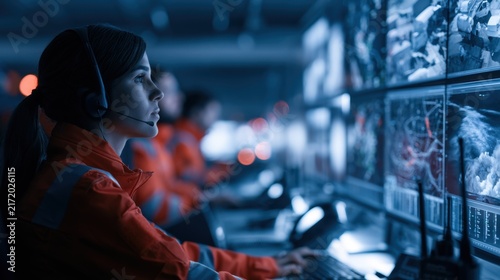 Female emergency operations center worker in headset monitoring multiple weather radar screens focusing on storm tracking in a high-tech control room at night