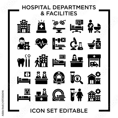 Black and White Hospital Departments Icons Set.
