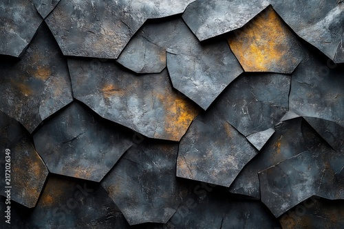 Rugged dark slate stone fragments with overlapping plates and oxidized orange mineral deposits
