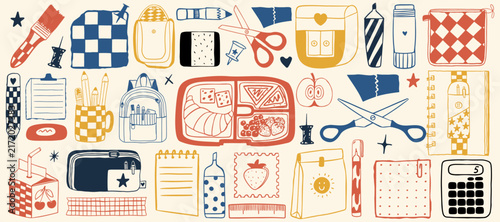 Set of hand drawn doodle elements with various school supplies, bag, pencil, calculator, brush, scissor and lunch elements.