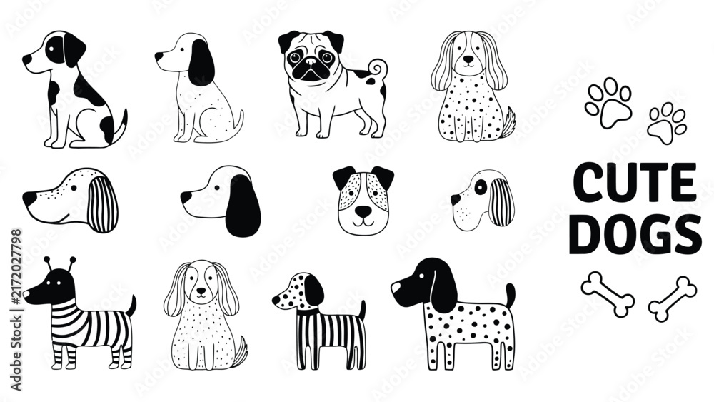 Fototapeta premium Cute Dogs Vector Set, Hand Drawn Puppy Breeds Line Art and Clipart Elements