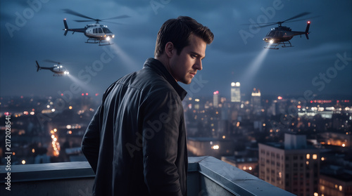 Serious man standing on rooftop at night with helicopters hovering above. Dramatic scene of fugitive or secret agent in urban environment.