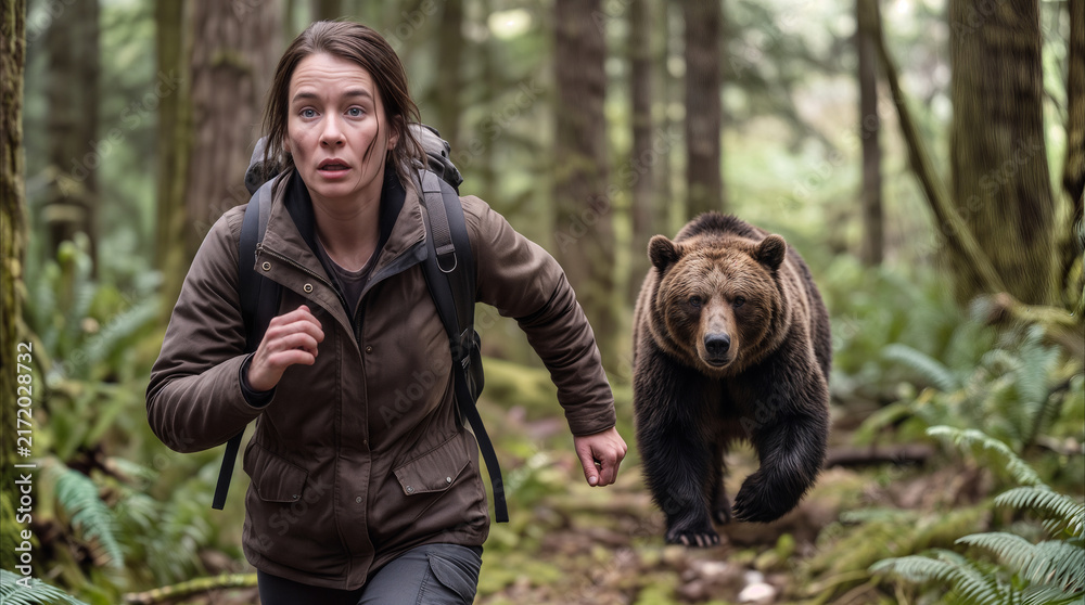 Naklejka premium Terrified hiker running from grizzly bear in dense evergreen forest. Survival situation during wilderness trek in remote woodland area.