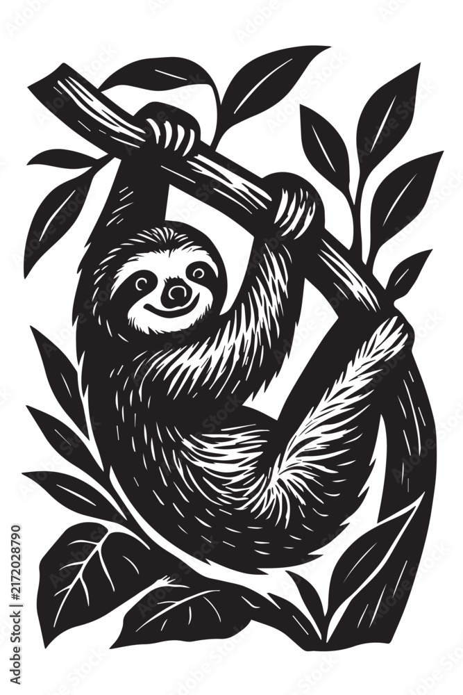 Naklejka premium Sloth Hanging from Tree Branch Black and White Illustration