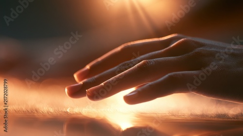 Gentle human hand reaching out to touch a glowing surface with warm sunlight creating a serene and contemplative mood in soft focus background
