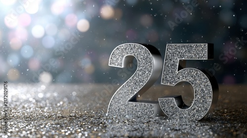 Sparkling silver number 25 standing on glitter surface with bokeh background celebrating milestone and festive anniversary event concept