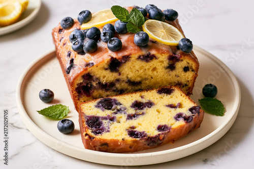 Lemon Blueberry Loaf Cake On Ceramic Plate