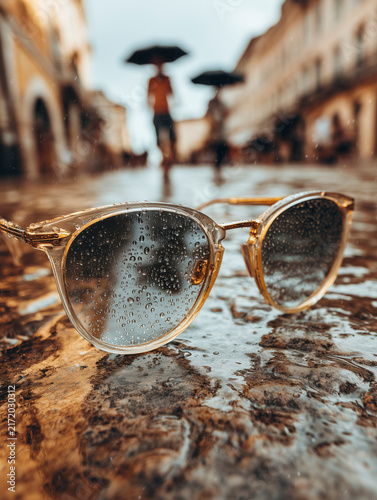 Sunglasses Resting On Wet Cobblestone Pavement