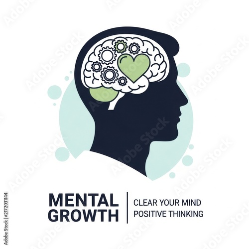 mental growth illustration with brain gears and heart promoting positive thinking