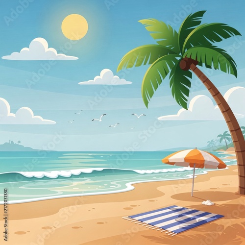tropical beach paradise with palm tree and sunny sky