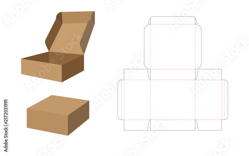 Cardboard mailer box with open lid and corresponding die cut template on a white background