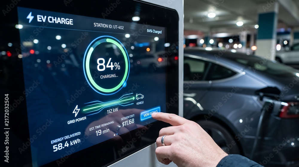Obraz premium Hand Touching Interactive Screen Display on Electric Vehicle Charging Station at Night