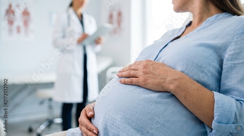 Expectant mother at a medical checkup with doctor, representing prenatal care, maternal health, pregnancy monitoring, and support