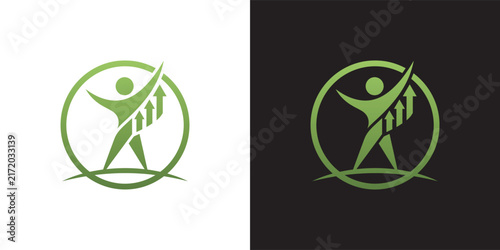 Green Human Health and Business Growth Success Logo Concept Featuring Rising Arrows Inside a Circle Frame
