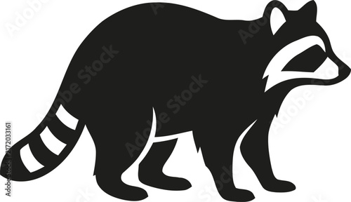 A simple black and white silhouette illustration of a cute raccoon standing and looking to the right side