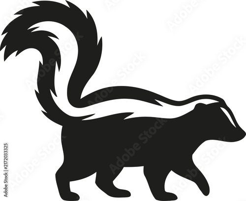 A simple black and white graphic illustration of a cute skunk walking with its tail held high