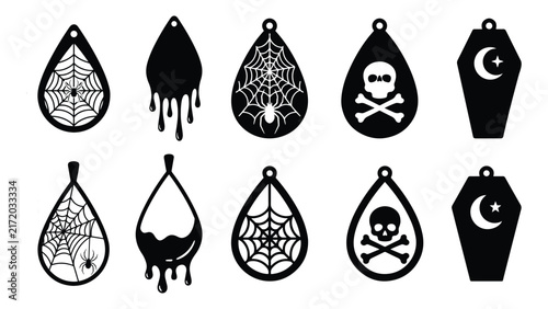 Set of spooky Halloween earring pendants and tags silhouette vector templates with skull, spider, and coffin designs