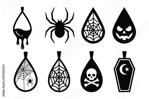 Set of spooky Halloween earring pendants and tags silhouette vector templates with skull, spider, and coffin designs