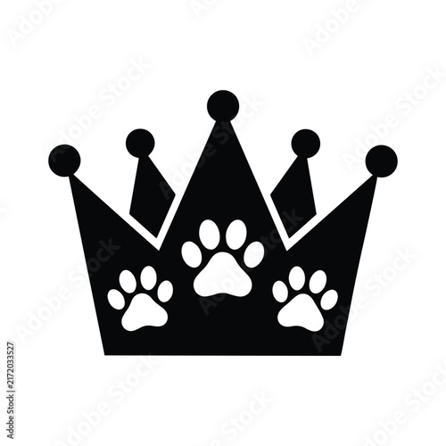 crown silhouette with dog or cat paw prints. Black vector icon for pet grooming