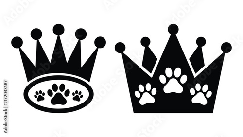 crown silhouette with dog or cat paw prints. Black vector icon for pet grooming