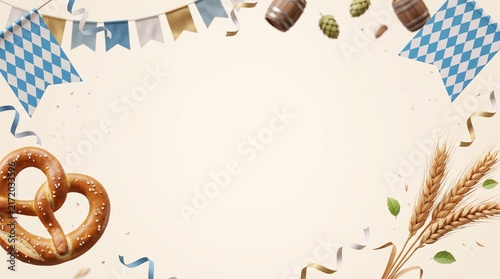 Oktoberfest Background with Pretzel Wheat and Bavarian Bunting