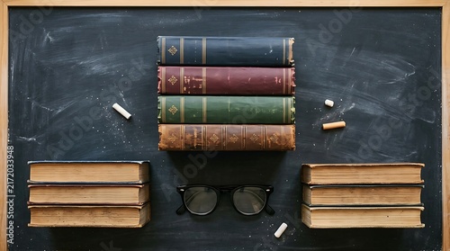 Top view of books and glasses on blackboard surface.
