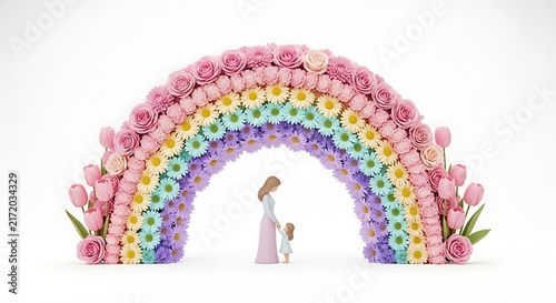 Mother and Child Standing Under a Colorful Flower Rainbow on White Background