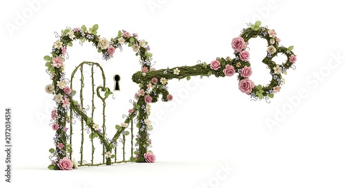 Floral Heart Gate with Key A Romantic Fantasy Concept Isolated on White