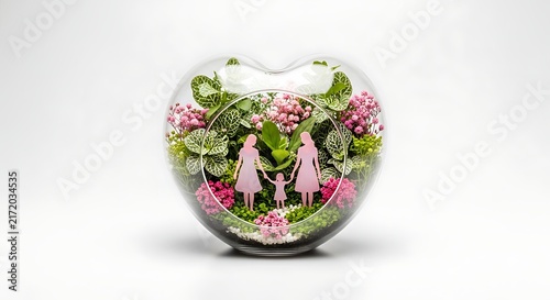 Heart shaped glass terrarium with miniature plants and a pink family silhouette