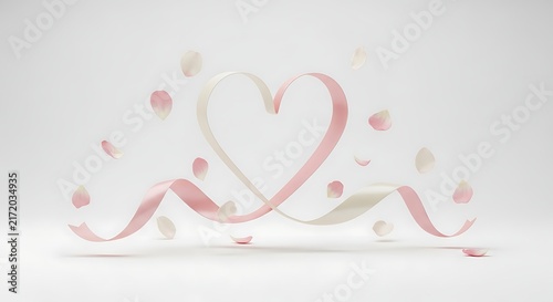 Elegant Pink and White Ribbon Shaped as a Heart with Delicate Petals Floating on White Background