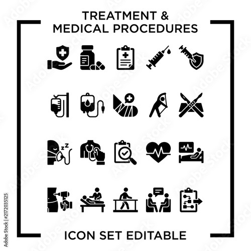 MedicalTreatmentProcedureIconsSetBlackWhiteDesign.