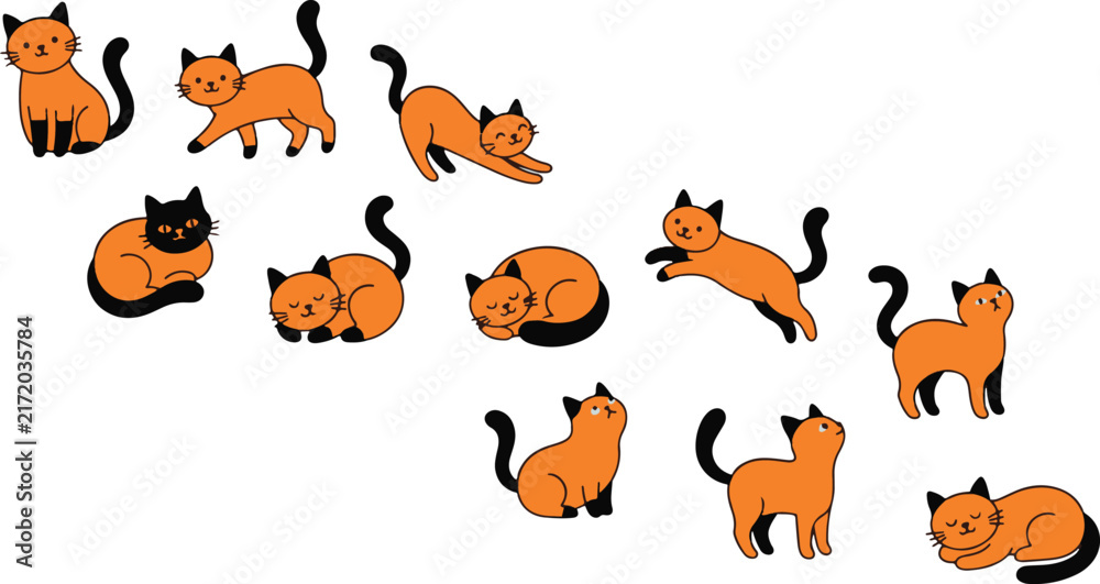 Fototapeta premium Cute Orange and Black Cartoon Cats Collection in Different Poses